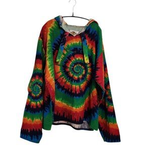 Earth Ragz Mens Pullover Hoodie L Bright Multicolor Tie Dye Oversized Beachy